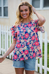 Vacay Ready Blue & Fuchsia Floral Smocked Ruffle Sleeve Top
