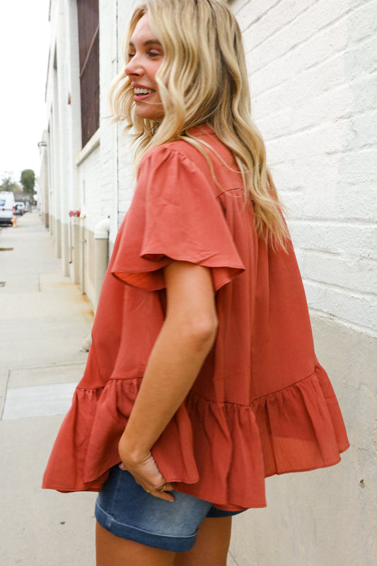 Diva Dreams Bronze Babydoll Flutter Sleeve Ruffle Hem Top