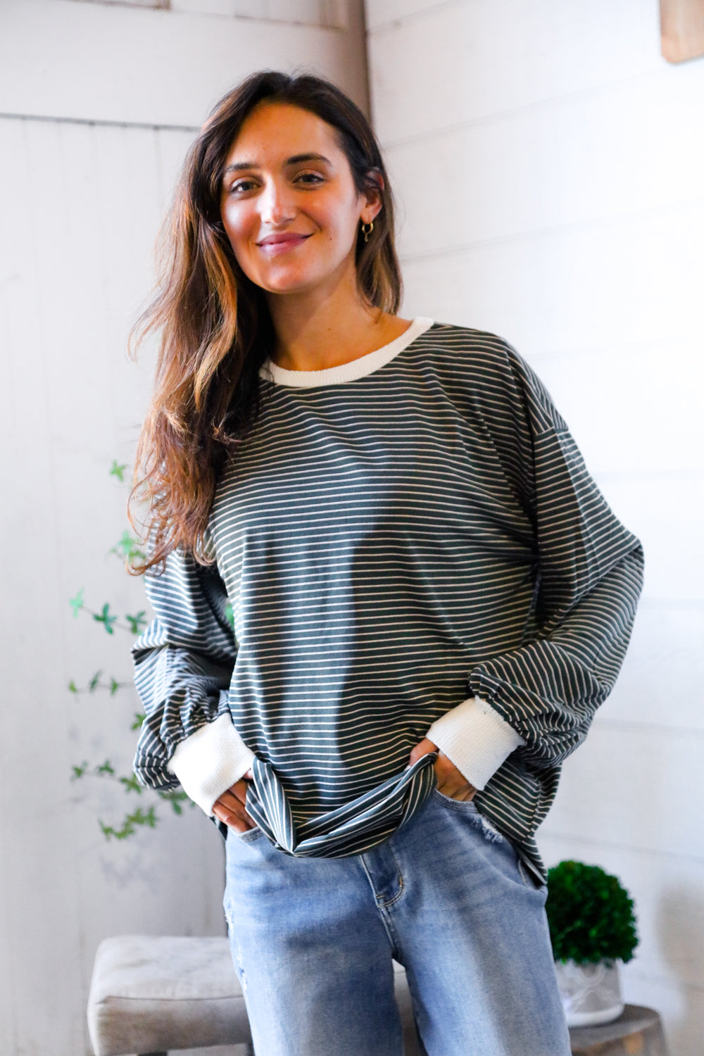 Greener Days Stripe Pullover with Ivory Cuffs