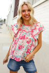 Southern Nights Pink Contrast Binding Floral Flutter Sleeve Top