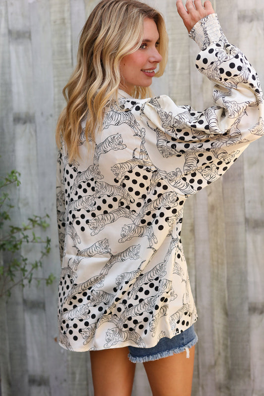 Dazzle in Ivory Satin Button-Down Collared Long Sleeve Bouse