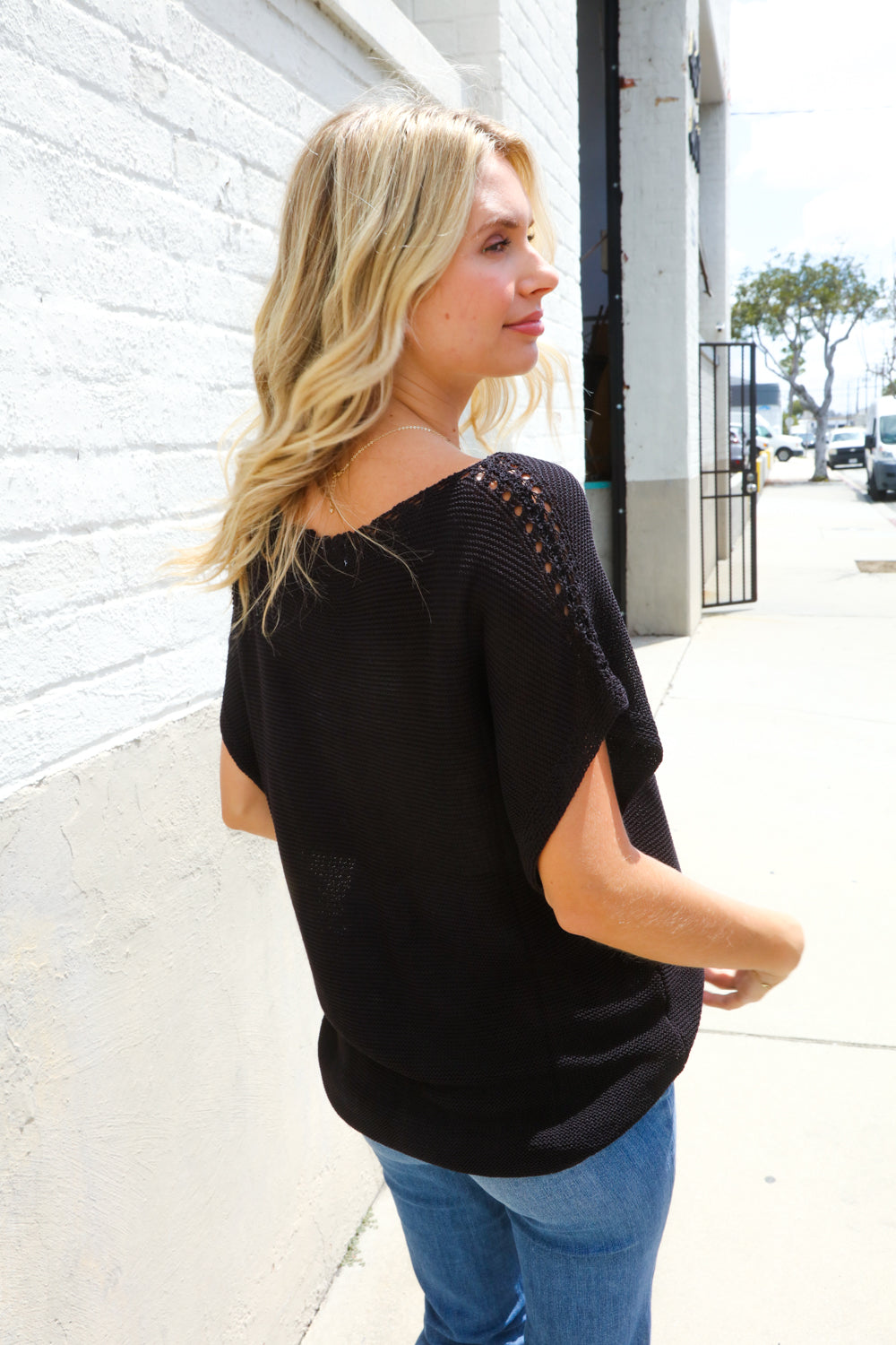 Stand Out Black Loose Knit Dolman Top/Coverup with Crochet Details