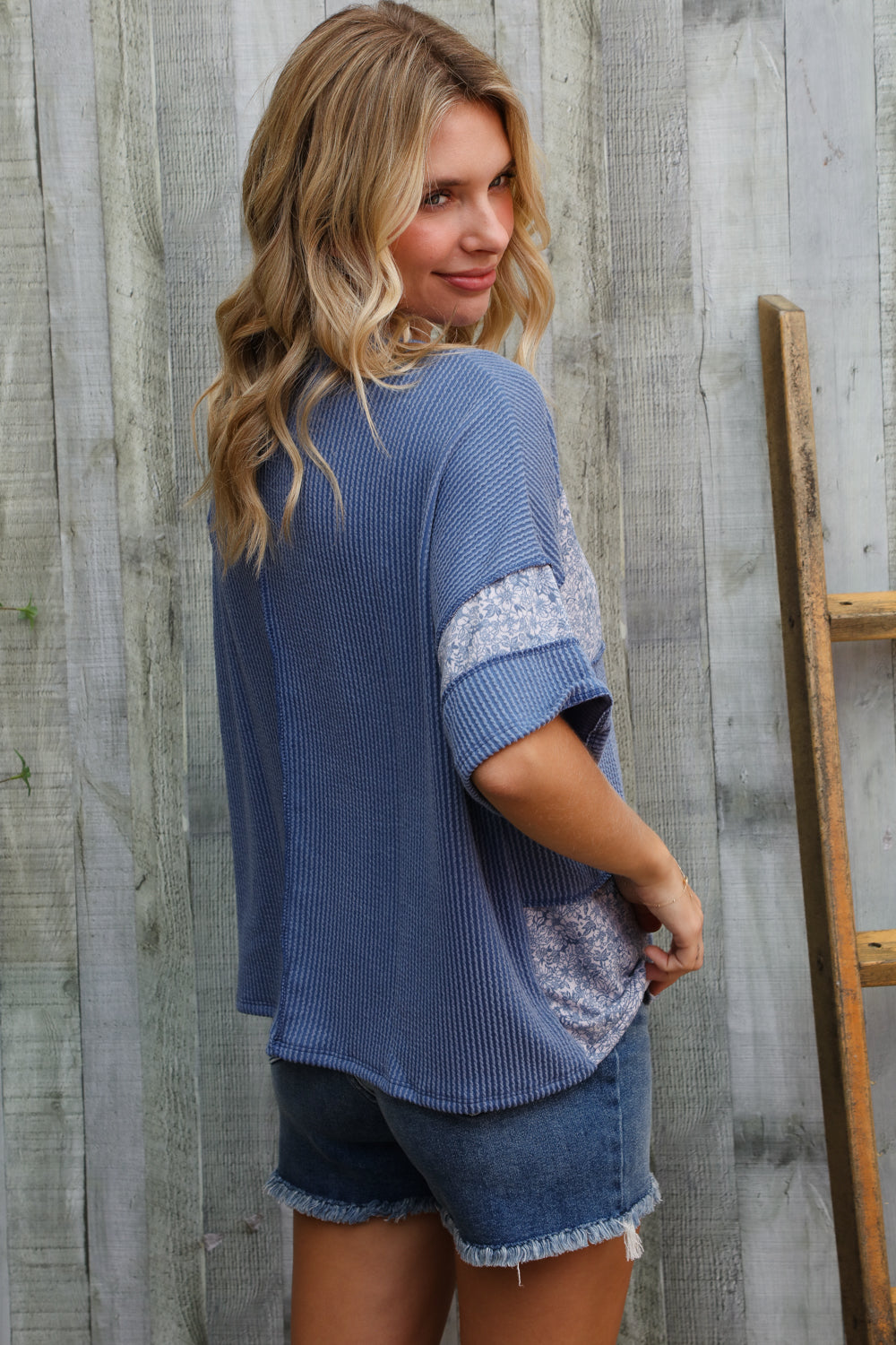 Weekend Ready Denim Floral Wavy Rib Outseam Stitch Pullover