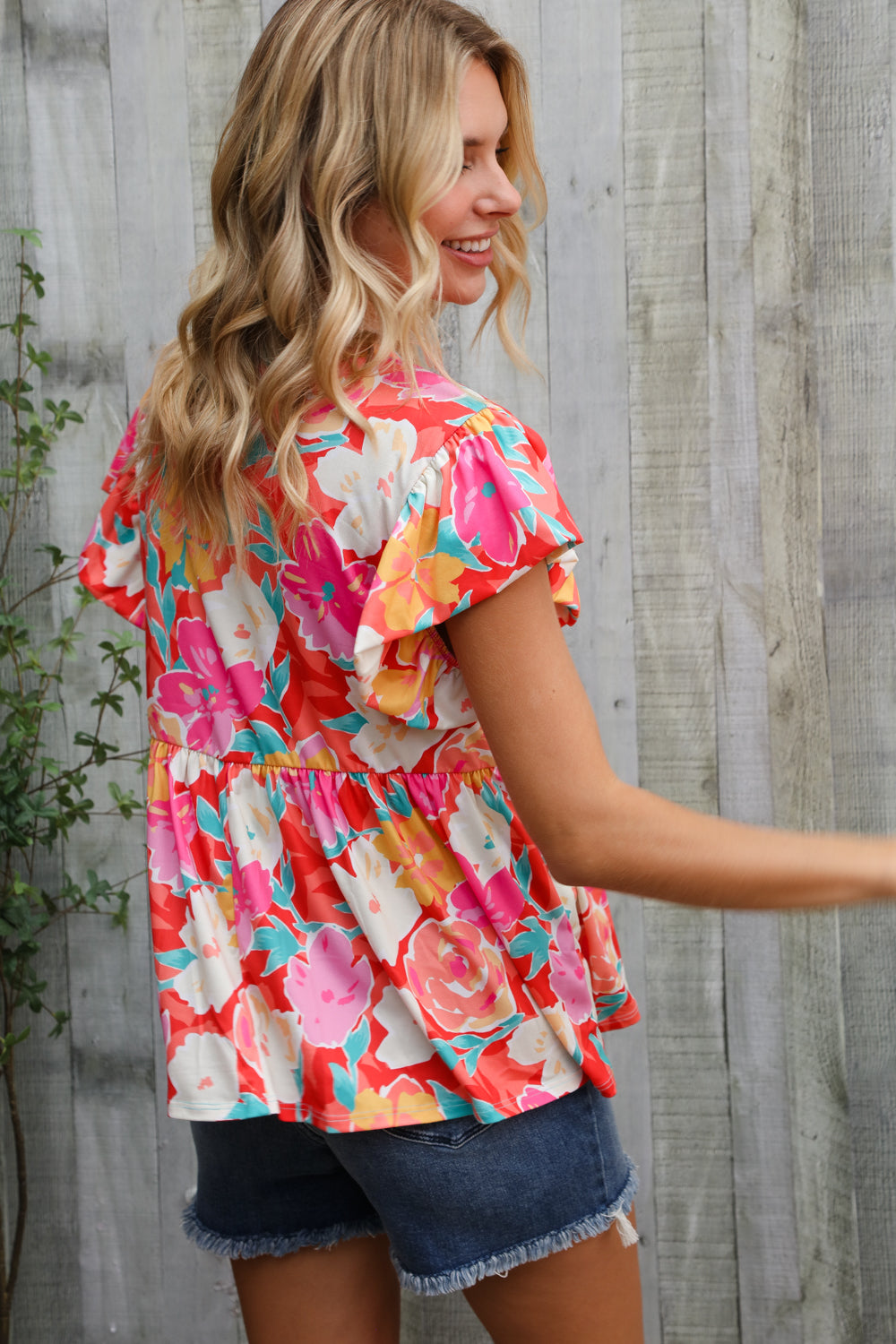 Feeling Femme' Coral Floral Print Folded Short Sleeve Babydoll Top