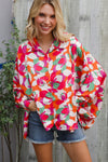 Beautiful You Multicolor Floral Abstract Button-Down Bat Wing Sleeve Top
