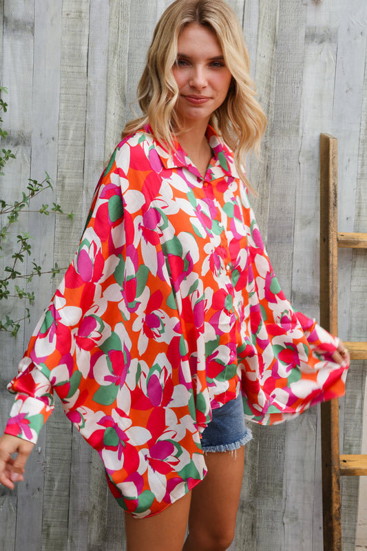 Beautiful You Multicolor Floral Abstract Button-Down Bat Wing Sleeve Top