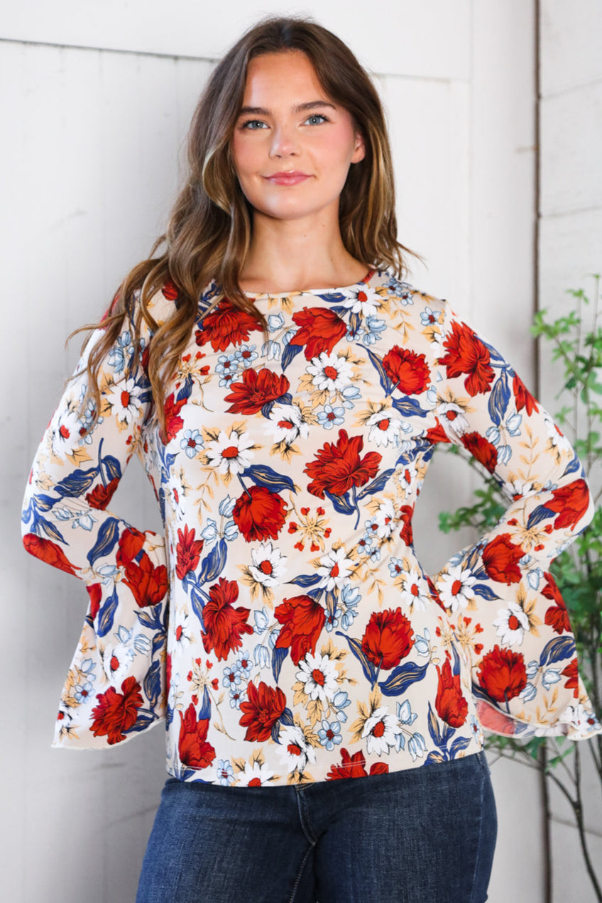 Tea Time Floral Bell Sleeve Top