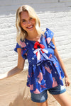 American Flag Blue & Red Stars & Bow Print Woven Top