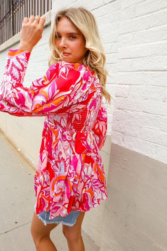 All For You Red Silky Floral Print Sweetheart Neck Long Sleeve Blouse