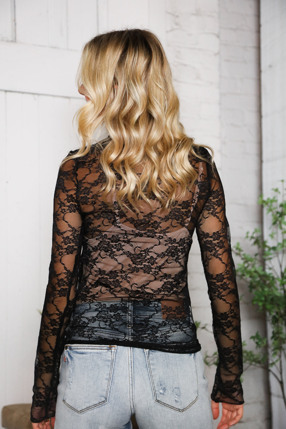 A Feminine Touch Black Semi Sheer Lace Top