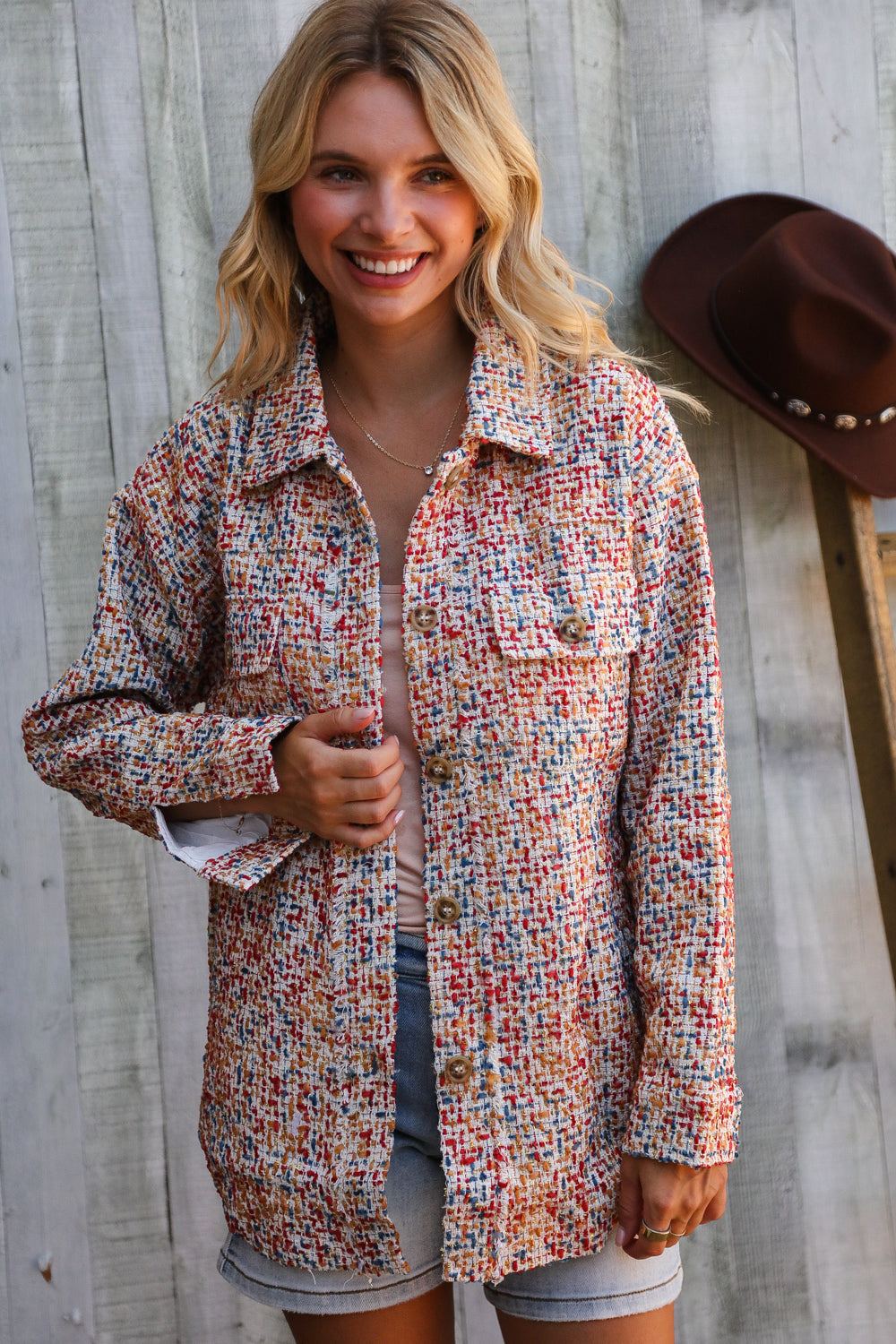 Casual Chic Multicolor Twill Long Sleeve Button-Down Shacket