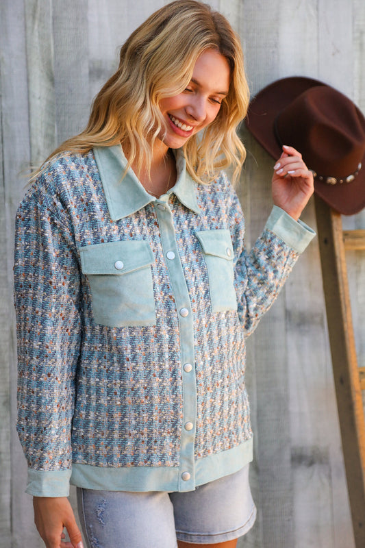 Put Together Turquoise Twill Banded Snap Button Jacket