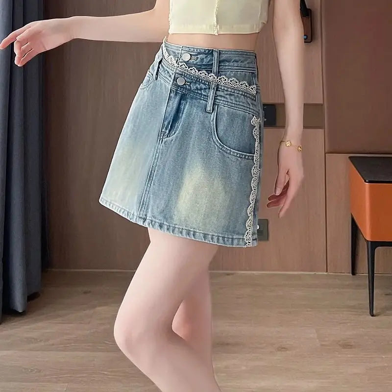 Woman Denim Skirt Short Splicing Cute High Waist Jeans Skirts for Women Quality Harajuku Clothing Trend 2025 Chic and Elegant