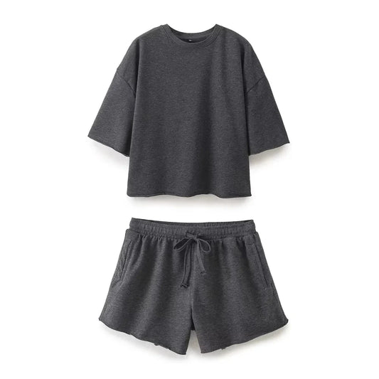 TRAFZA Summer Women Vintage Solid Shorts Suit O Neck Short Sleeve T-shirt Drawstring Shorts Loose Casual Woman Sport Sets