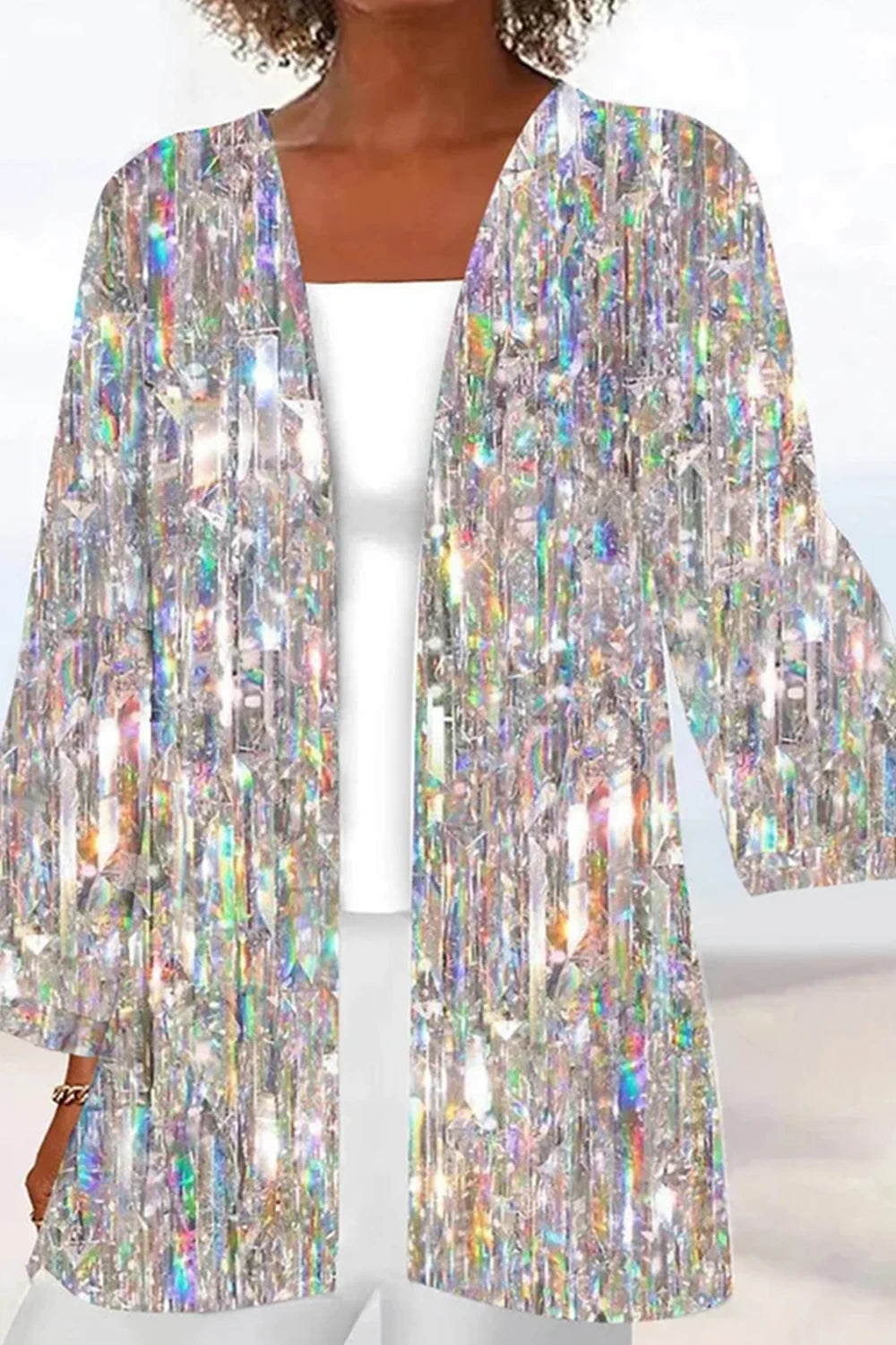 Flycurvy Plus Size Christmas Silver Sparkly Texture Print Kimono Cardigan