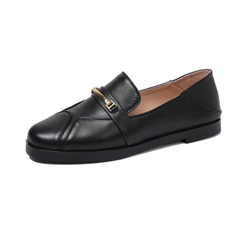 Women's new leather, cowhide, metal accessories, round toe, low heel, comfortable, plus size single shoes, casual shoes