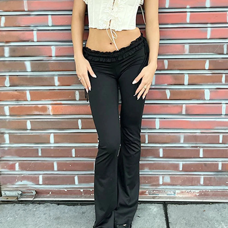Goth Dark Y2k Ruffles Fairy Pant Sexy Women Pants Gothic Skinny Fashion Boot Cut Trousers Grunge Trim Bandage Streetwear Bottoms