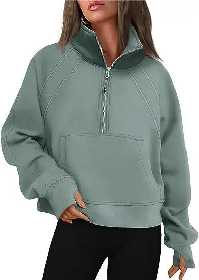 Stand Collar Casual Sweatshirts Half Zip Women Cropped Pullover Thumb Hole Overzised Hoodie Solid Color Plus Size Sports Outfit