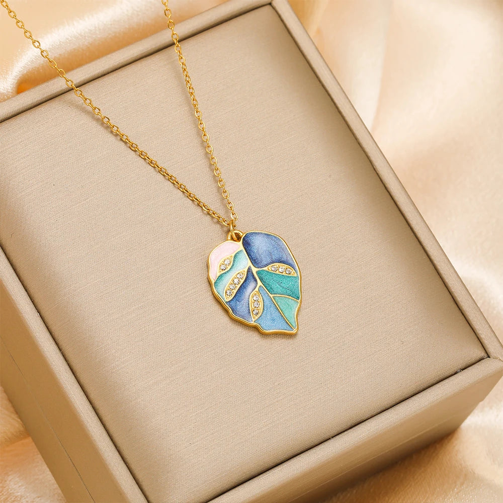 5Pcs Enamel Leaf Charms Stainless Steel Pastoral Style Pendants for Exquisite Jewelry Making DIY Earrings Necklaces Accessories