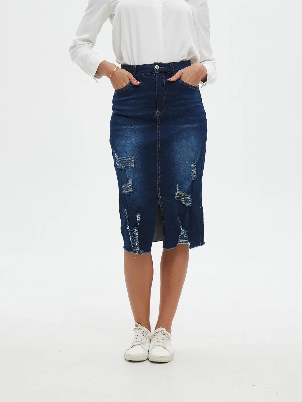 ZMTUO Dark Blue Denim Midi Skirt High waisted Distressed Slit Detail Women's Fashion Trendy Casual Look Street style