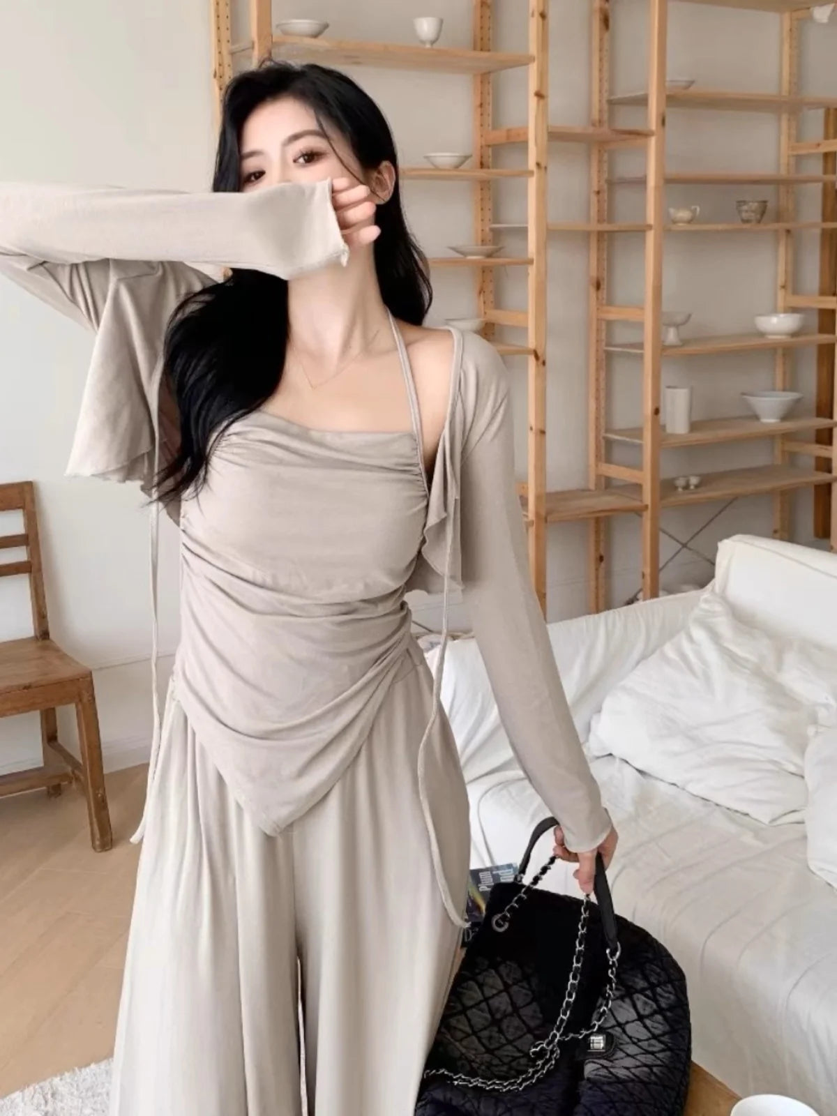 plus Size Women's Spring Summer Slimming Cover up Set Strap Top Sun Protection Cardigan Long Sve round Ne Tee Piece Set
