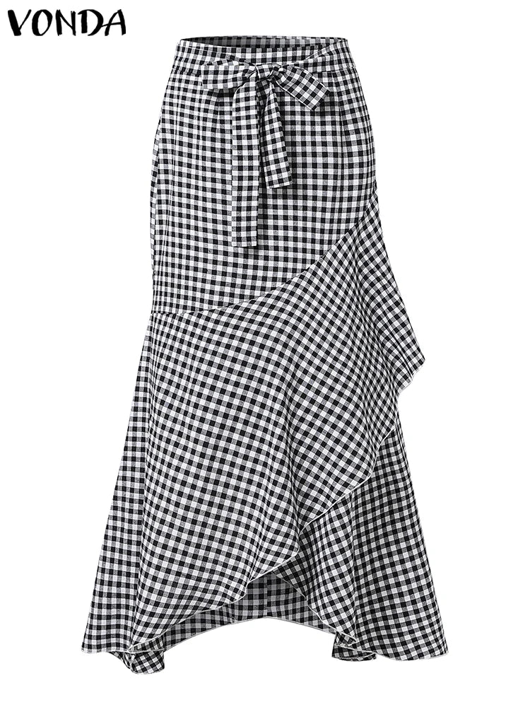 Plus Size 5XL VONDA Women Skirts 2025 Casual Waistband Split Asymmetric Skirts Elegant Plaid Overskirts Ruffled Office Bottom
