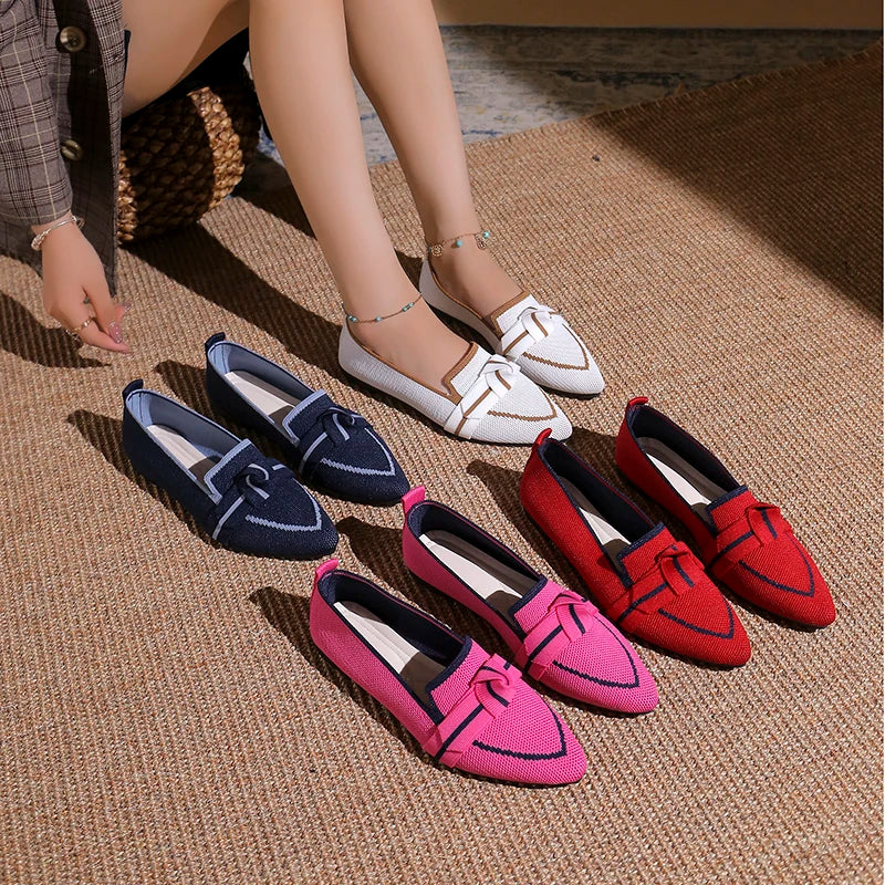 Pointed Toe 2025 Plus Size Women's Flat Single Shoes New Knit Flyweave Foot Slip Soft Sole Breathable