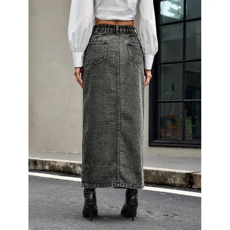 European and American Retro Trend Buckle Design Denim Skirt. New Fashion High-waisted Long Skirt for Women in Spring and Summe