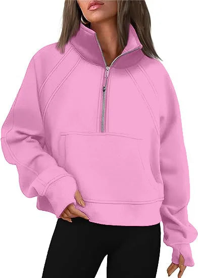 Stand Collar Casual Sweatshirts Half Zip Women Cropped Pullover Thumb Hole Overzised Hoodie Solid Color Plus Size Sports Outfit