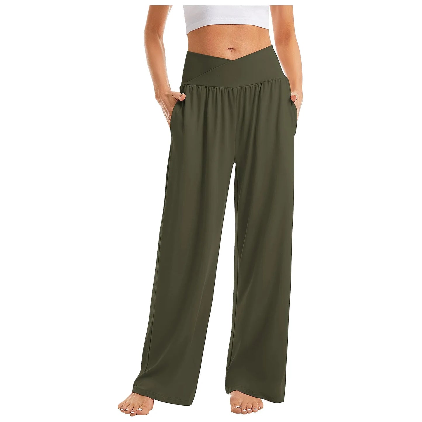 Women's High Waist Solid Color Casual Comfortable Elastic Waist Straight Trousers Wide Leg Sports Long Pants With Pockets