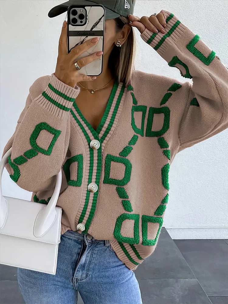 Plus Size Women's Casual V-Neck Letter Print Buttoned Loose Cardigan, Spring And Autumn Long Sleeve Sweater Jacket Buttoned