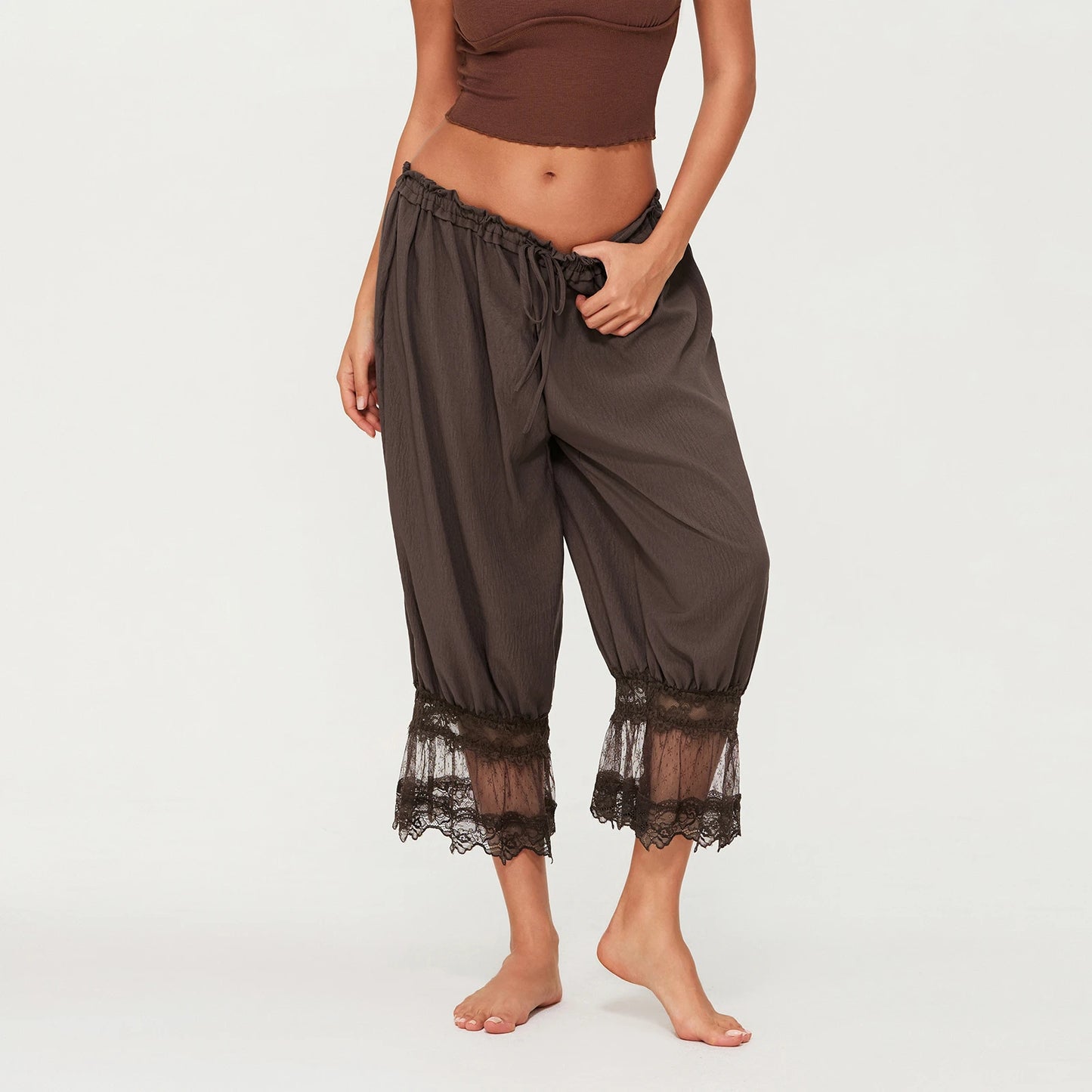 Womens Y2K Vintage Drawstring Cropped Pants Loose Fit Mid Rise Patchwork Lace Casual Lantern Bubble Pants Trousers Streetwear