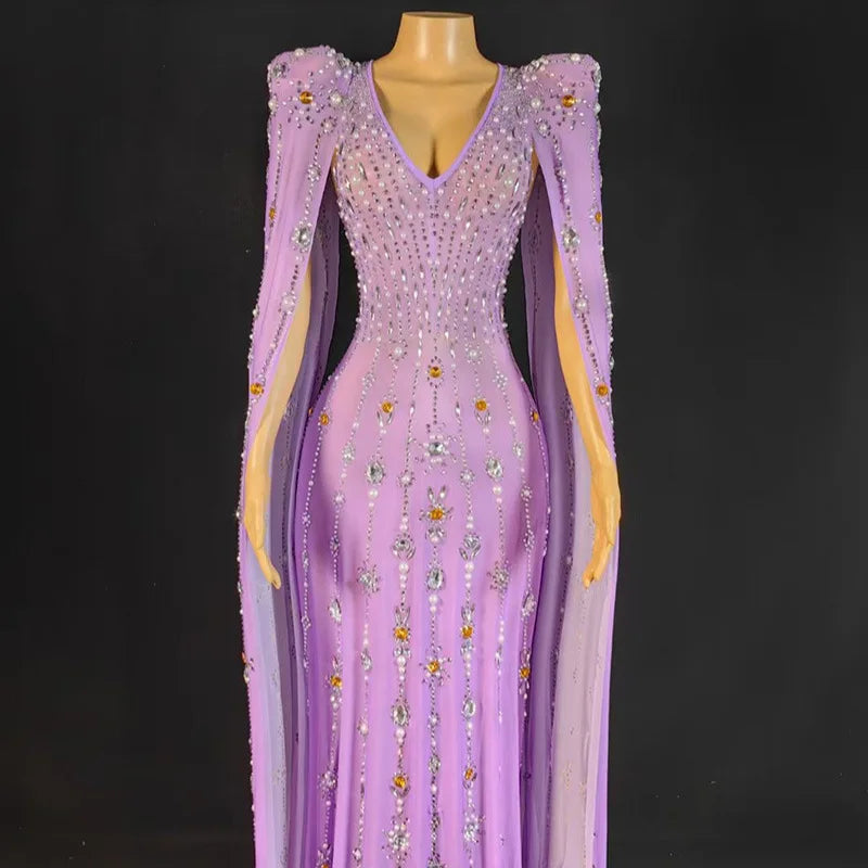 Purple Birthday Costume Diamond Performance Costume New Long Sleeve Shiny Diamond Purple Sexy Mopping Floor Noble Dress Women