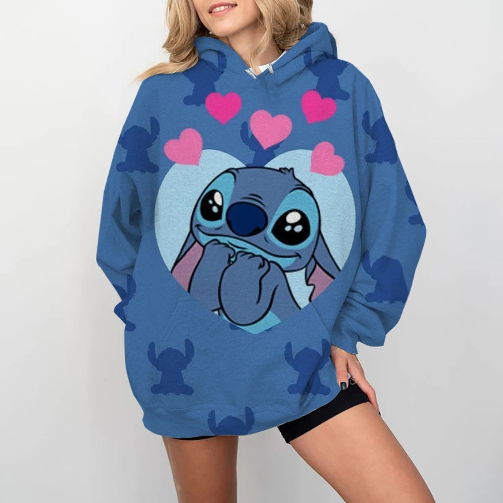 Disney-Women's Stitch Print Hoodie, Anime, Moletom Extragrande, Loose, Crewneck, Pullover, Women's Hoodie