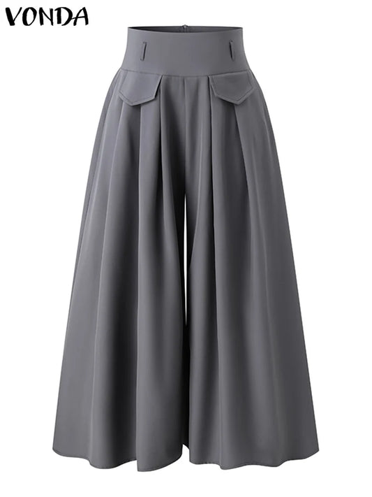Plus Size 5XL VONDA Elegant Suit Pants Casual Solid Color Zipper High Waist Pleated Wide Leg Pants Baggy Loose Long Bottoms