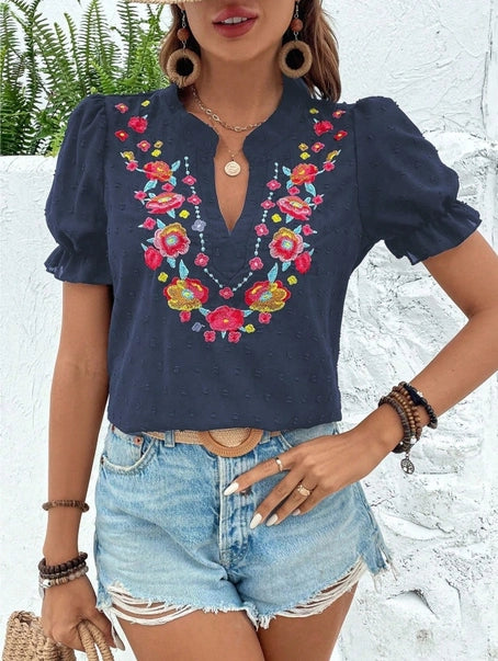 Puff Sleeve Floral Embroider Shirt (NP)