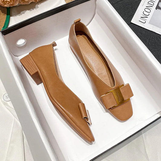 Women's Single Shoes Summer New Low Heel Square Head Metal Decorative Oxford Shoes Fashion Comfortable Soft Soled Leather Shoes