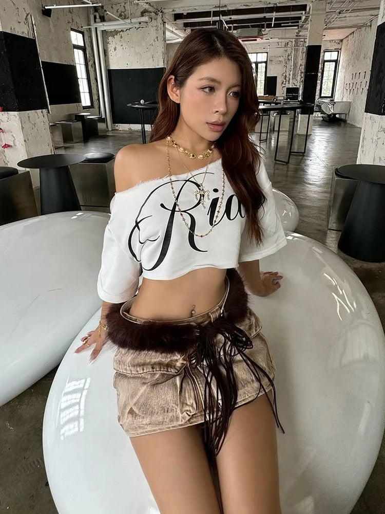 Nibber Loose Letter Print Mini t-Shirt Women Summer Trend Biased Collar Versatile Street Skinny Simple Classic Party Daily Tops