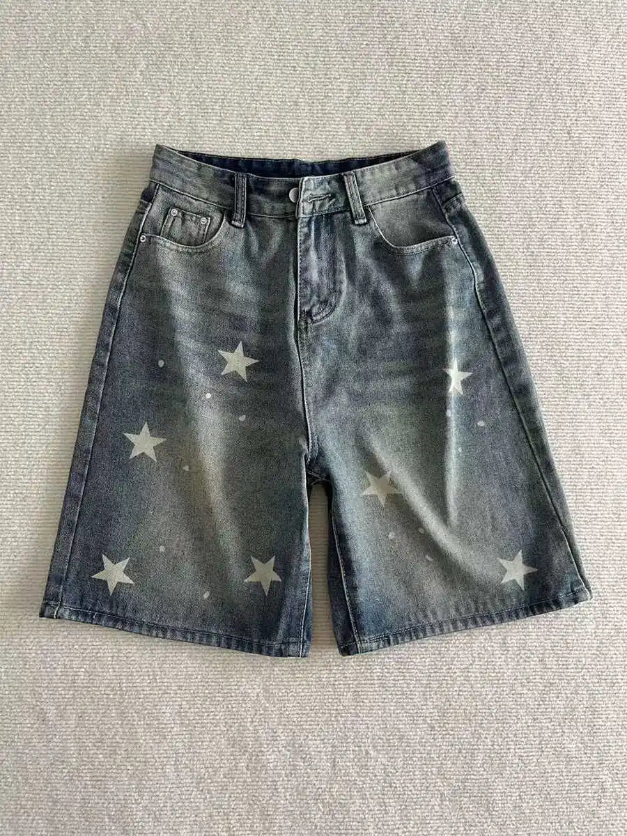 Summer Women 5XL Denim Shorts High Waist Star Pattern Blue shorts American Casual Fashion Female Retro Knee-length Jeans