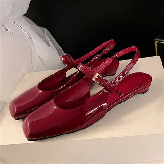 Aneikeh Retro Square Head Strap Mary Jane Sandals Women Comfortable Casual Red Lacquer Leather Ballet Shoes Pumps Zapatos Mujer