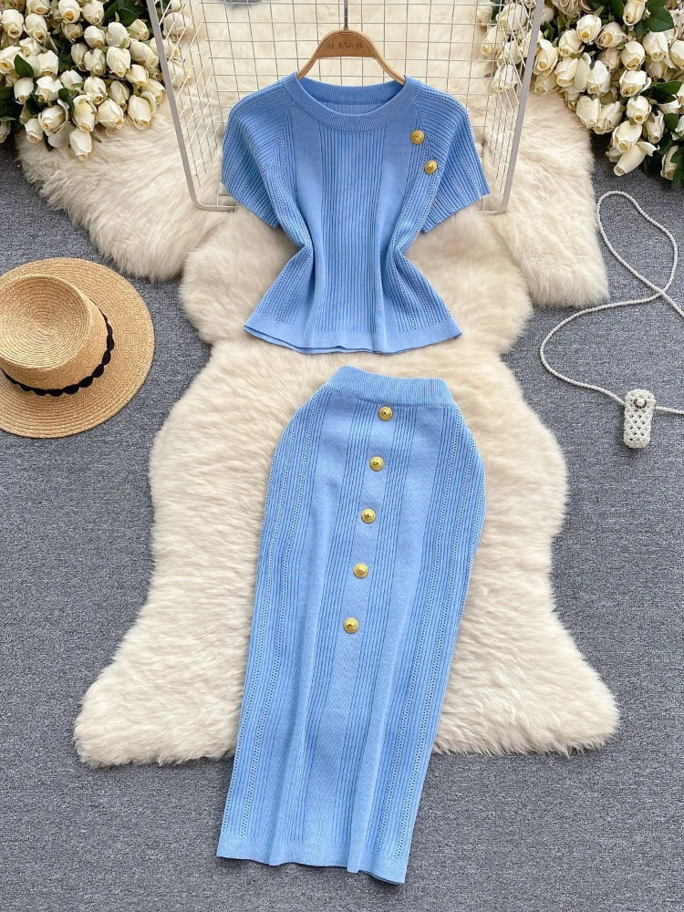 Skirt Set Women Two Piece Sets Dress Sets Short Sleeve Knitted Tops High Waist Long Skirts Elegant Splice Y2k Streetwear Work