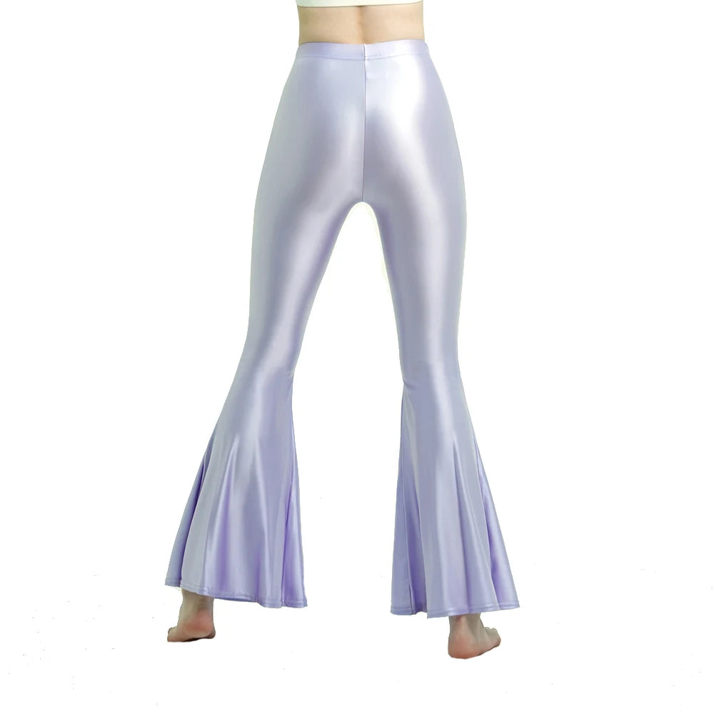 MJINM Women High-Waisted Spandex Flare Pants Glossy Colorful Silky Smooth Bodybuilding Dance Yoga Skinny Bell Bottoms Outer Wear