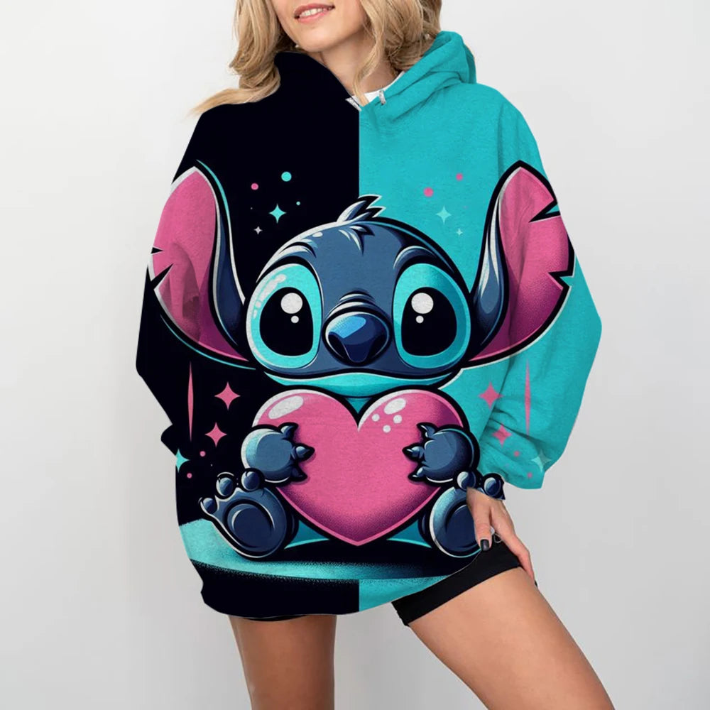Disney-Women's Stitch Print Hoodie, Anime, Moletom Extragrande, Loose, Crewneck, Pullover, Women's Hoodie