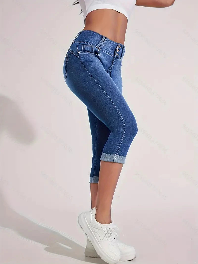 ZMTUO Women's Denim High waisted Capris Rolled Hem Double button Skinny Fit Trendy Casual Summer Essential Jeans