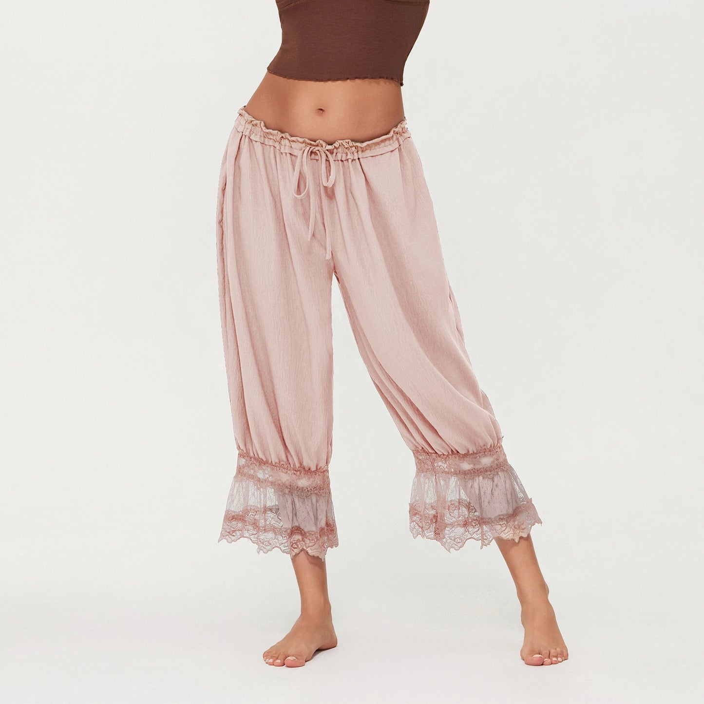 Womens Y2K Vintage Drawstring Cropped Pants Loose Fit Mid Rise Patchwork Lace Casual Lantern Bubble Pants Trousers Streetwear