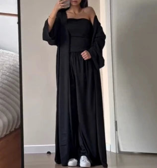 Three-Piece Suit New Casual Strapless Vest Long Cardigan Wide Leg Pants Three Piece Set Simple Casual and Elegant Pants Set