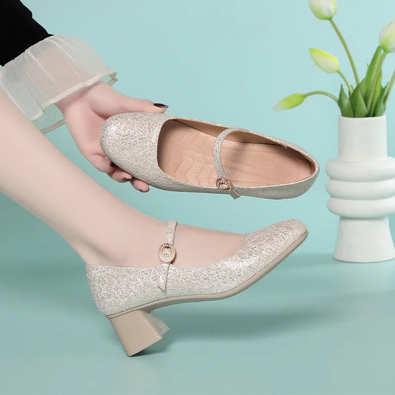 5cm Breathable Comfortable Shallow Glod Bling Wedding Shoes Women Pumps 2025 Trend Spring Med Block Heels Shoes for Office Model