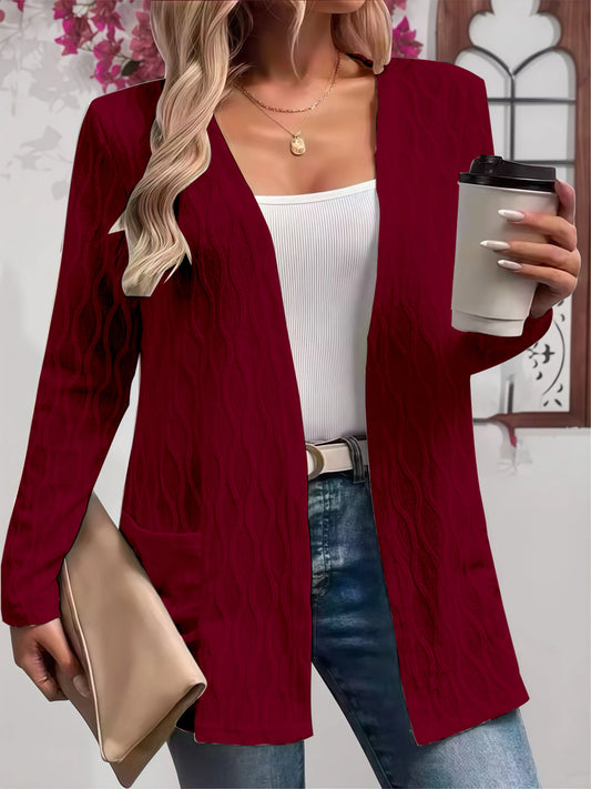 Plus Size Autumn Casual Cardigan - Cozy Textured Fabric Open Front Sweater with Pockets