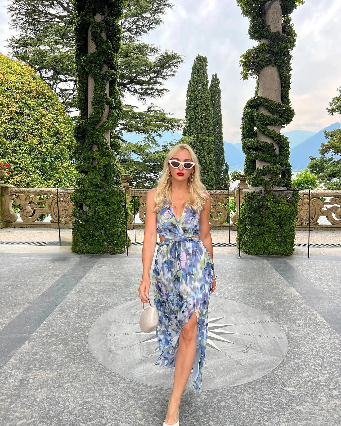 2024 Summer New Arrival Fashion Sweet Women's Flower Print Sleeveless Mid-length Skirt V-neck Waist-exposed Sexy Split Dress