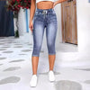 Hole Jeans Women Calf Length Denim Pants Fit High Waist Drawstring Pockets Vintage Pencil Trousers Streetwear Denims Summer